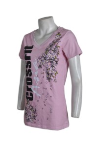 T551 女裝長款V領T恤 設計訂造 全件數碼印全棉女T  tee恤風格選擇 T恤香港製造     粉色